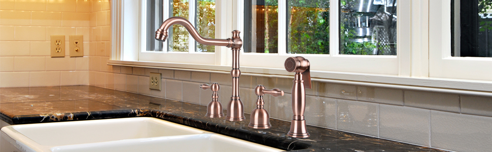Two Handles Copper Widespread Kitchen Faucet With Side Spray 5 Years Warranty