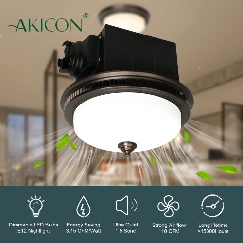 Akicon Ultra Quiet Bathroom Exhaust Fan with Light and Nightlight